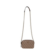 Beige guess brown polyurethane shoulder bag for women with repeating logo pattern and silver chain crossbody strap