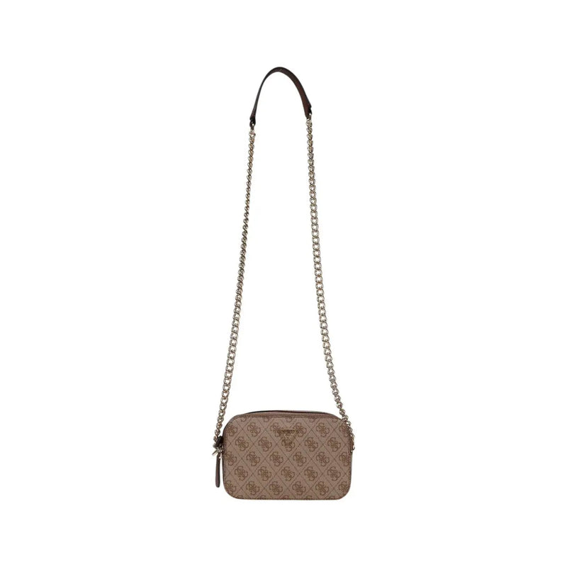 Beige guess brown polyurethane shoulder bag for women with repeating logo pattern and silver chain crossbody strap