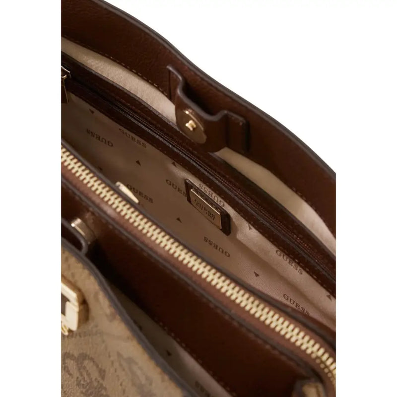 Guess brown print leather handbag with shoulder strap featuring gold-tone zipper and logo-stamped interior lining