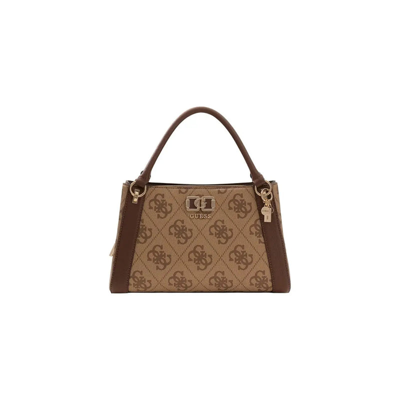 Guess brown print handbag with beige and brown logo pattern leather handles and gold tone hardware shoulder strap