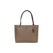 Beige Guess tote bag with brown leather handles and a repeating logo pattern featuring zip pockets design