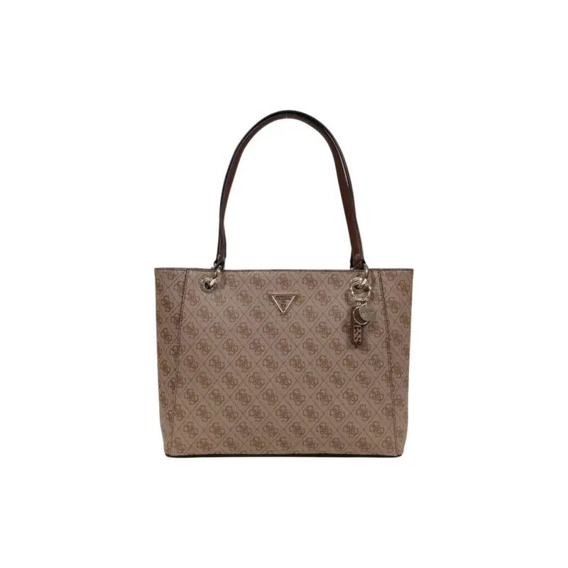 Beige Guess tote bag with brown leather handles and a repeating logo pattern featuring zip pockets design