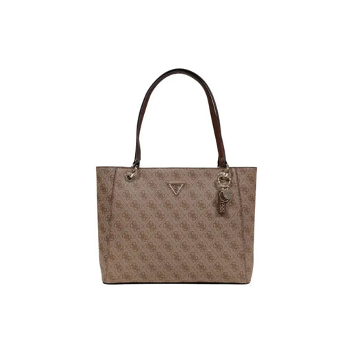 Beige Guess tote bag with brown leather handles and a repeating logo pattern featuring zip pockets design