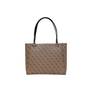 Beige Guess tote bag with repeating logo pattern, dark brown leather handles, and zip pockets for secure storage