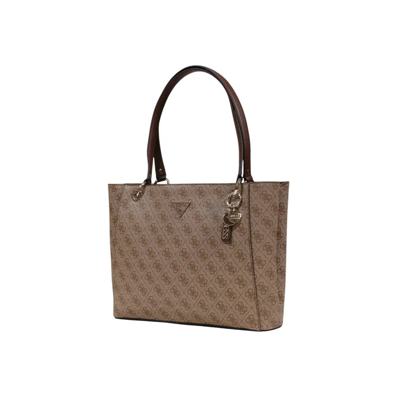 Beige Guess tote bag with brown leather handles and repeating logo pattern featuring zip pockets for organization