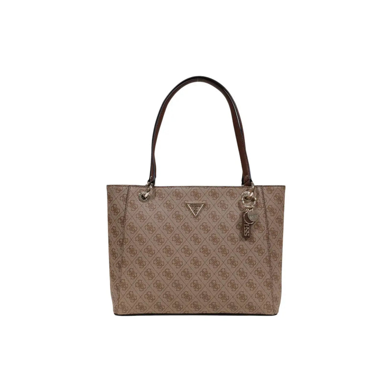 Beige Guess tote bag with brown leather handles and a repeating logo pattern featuring zip pockets design