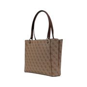 Beige Guess tote bag with brown leather handles and repeating monogram pattern featuring zip pockets