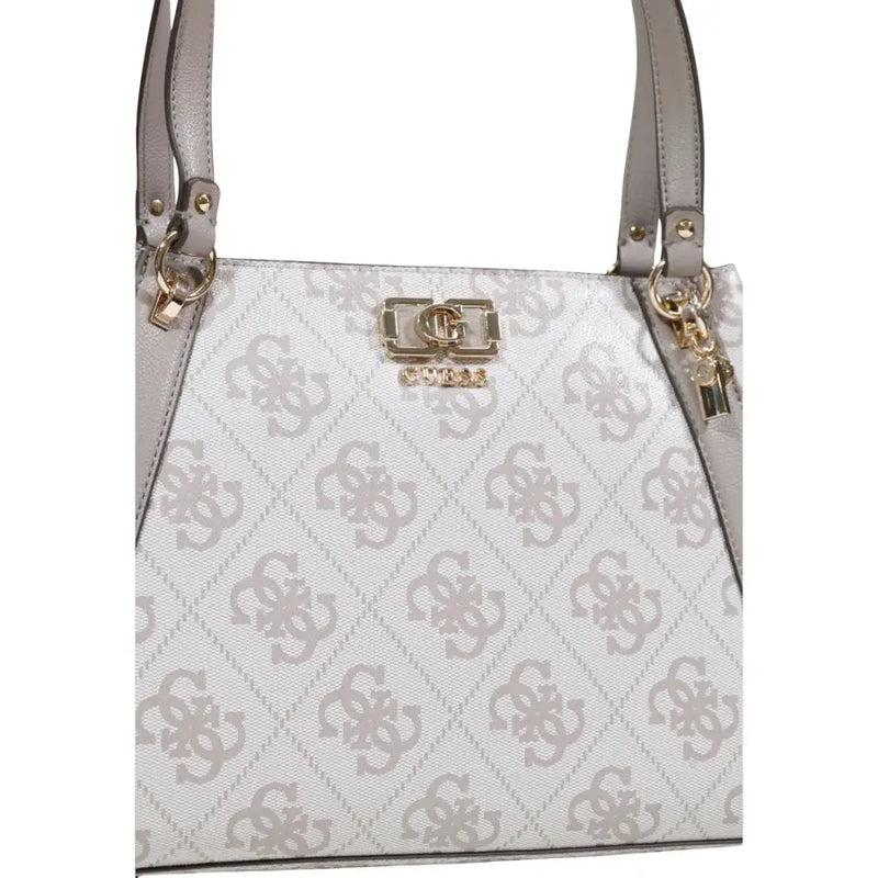 White Guess handbag with repeating gray monogram pattern and light gray leather handles in polyurethane material