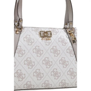 White Guess handbag with repeating gray monogram pattern and light gray leather handles in polyurethane material