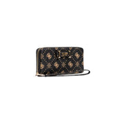 Guess Brown Print Wallet with Zip, Pockets, and Gold-Toned Logo