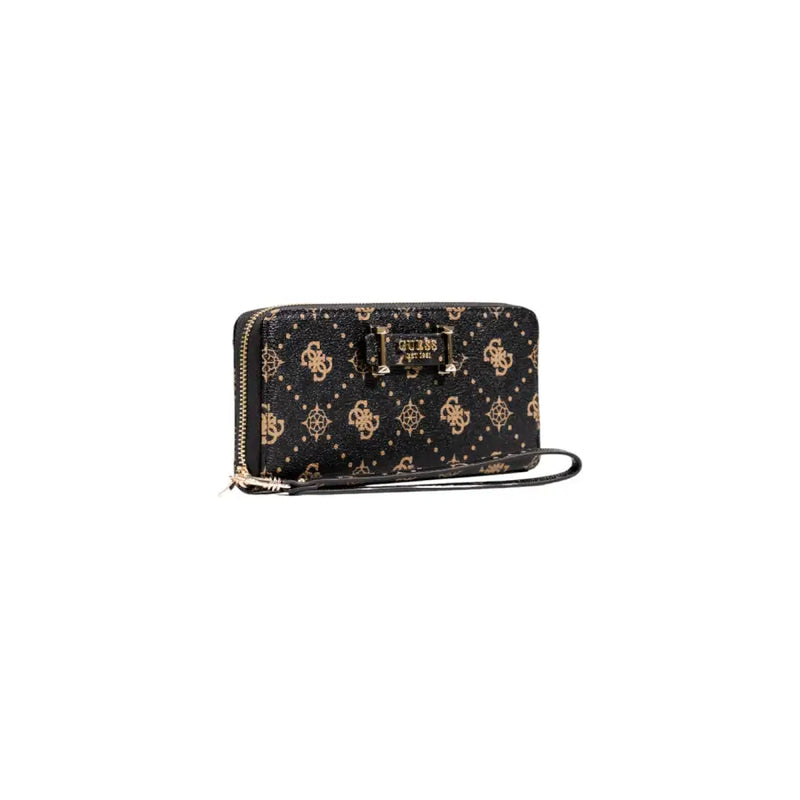 Guess Brown Print Wallet with Zip, Pockets, and Gold-Toned Logo