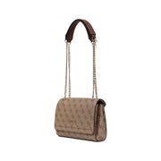 Beige Guess brown printed polyurethane handbag for women with brown leather top handle and gold-tone chain strap featuring logo pattern