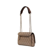 Beige Guess crossbody bag with brown leather top handle and gold-tone chain strap in printed polyurethane