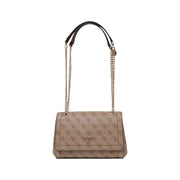 Beige guess brown printed polyurethane handbag for women with repeating logo pattern and gold-tone chain strap