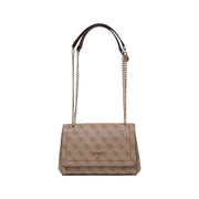 Beige guess brown printed polyurethane handbag for women with repeating logo pattern and gold-tone chain strap