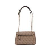 Beige Guess polyurethane handbag for women with quilted texture, repeating logo pattern, and gold-tone chain strap