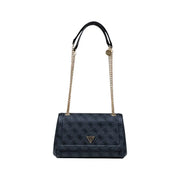 Guess Dunkelblaue Handtasche mit wiederholtem Logo, schwarzem Henkel und goldenem Kettenriemen