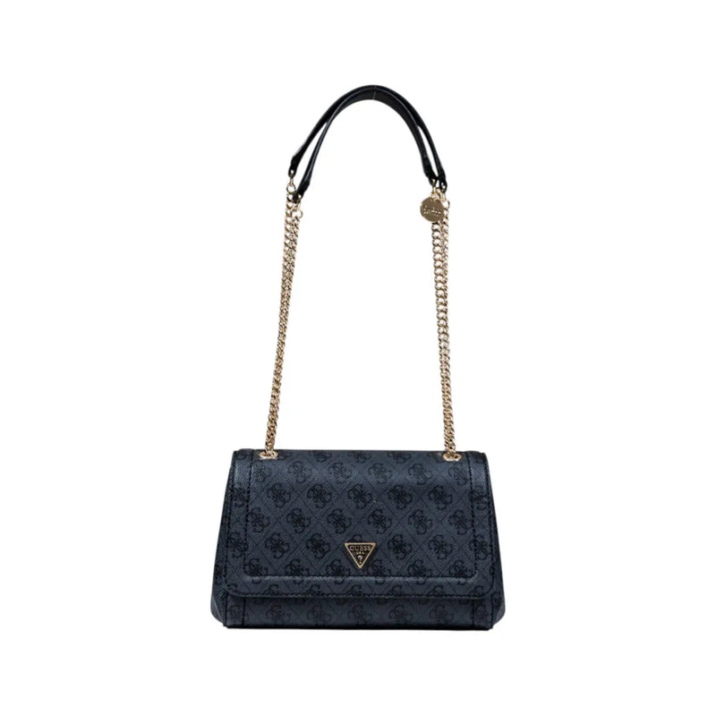 Guess dark blue handbag with repeating logo, black handle, gold chain strap