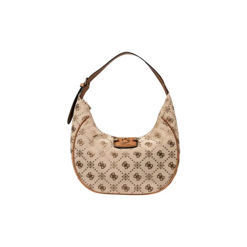 Beige crescent shoulder bag with brown trim and monogram pattern from Guess Fall Winter Women Handbag collection