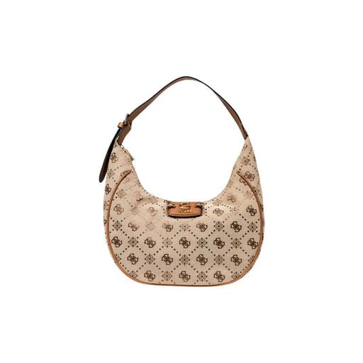 Beige crescent shoulder bag with brown trim and monogram pattern from Guess Fall Winter Women Handbag collection