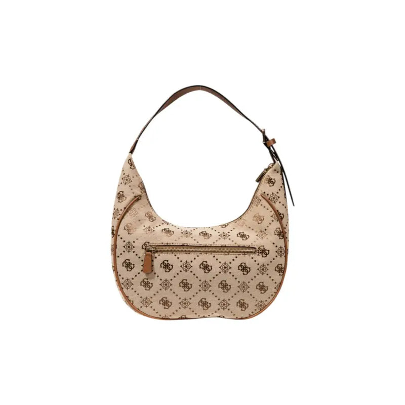 Beige Guess monogram crescent shoulder bag with brown leather trim for women