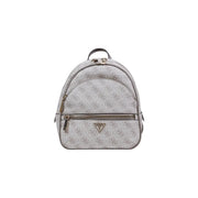 Guess Grey Polyurethane Backpack with repeating monogram pattern and metallic zippers