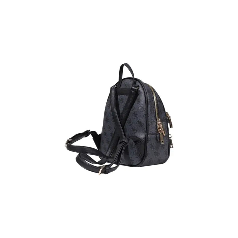 Guess grey polyurethane backpack with black subtle pattern and gold-tone zippers shown from the back side