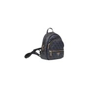 Dark gray guess polyurethane mini backpack with repeating logo pattern and gold tone zip pockets