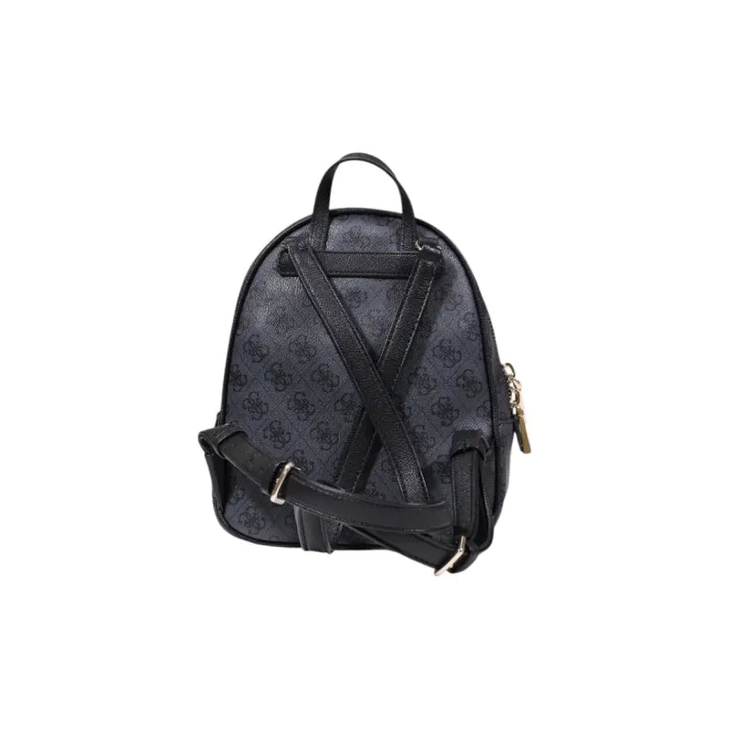 Black guess mini backpack with subtle repeating logo pattern and cross-strapped design in grey polyurethane with zip pockets