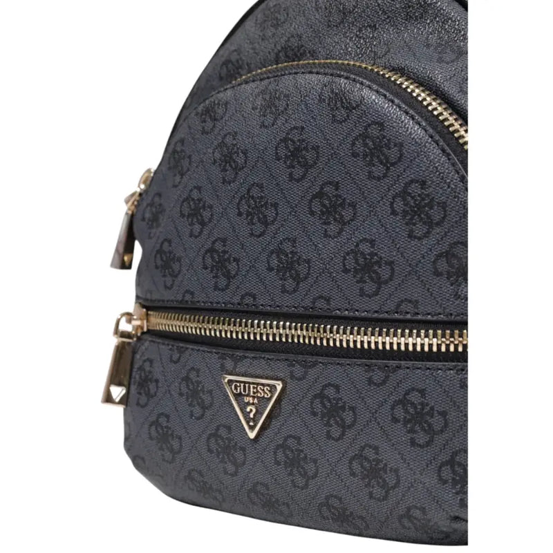 Black guess polyurethane backpack featuring a repeating monogram pattern with gold-tone zip pockets