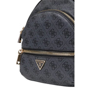 Black guess polyurethane backpack featuring a repeating monogram pattern with gold-tone zip pockets