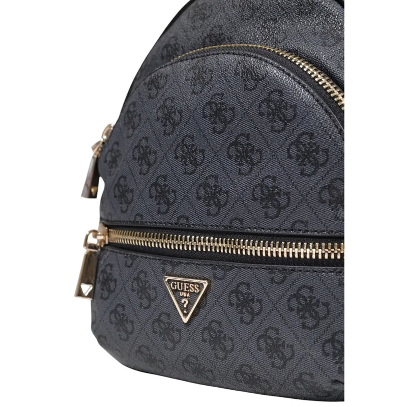 Black guess polyurethane backpack featuring a repeating monogram pattern with gold-tone zip pockets