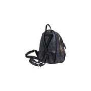 Guess grey polyurethane backpack with black subtle pattern and gold-tone zippers shown from the back side