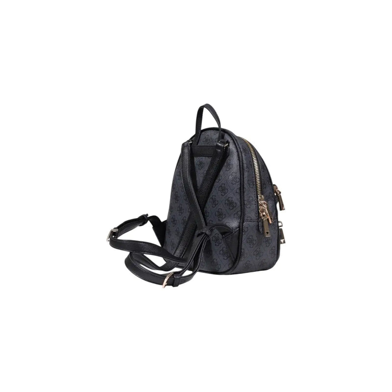 Guess grey polyurethane backpack with black subtle pattern and gold-tone zippers shown from the back side