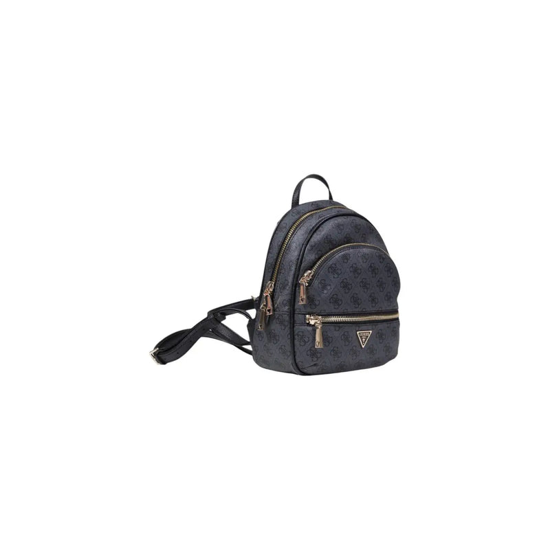 Dark gray guess polyurethane mini backpack with repeating logo pattern and gold tone zip pockets