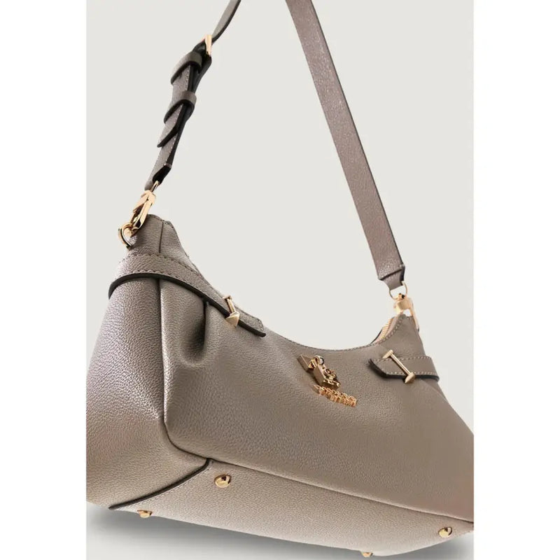 Taupe textured leather hobo bag with gold-tone hardware and braided strap from Guess with zip closure in grey polyurethane