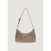 Taupe leather shoulder bag with gold-tone hardware and structured curved design from Guess with zip closure
