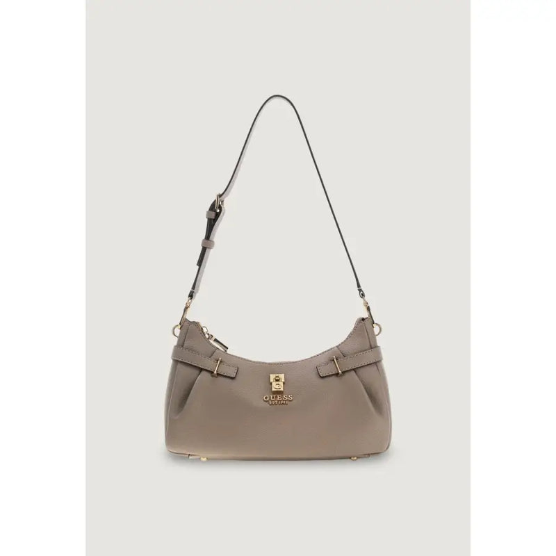 Taupe leather shoulder bag with gold-tone hardware and structured curved design from Guess with zip closure