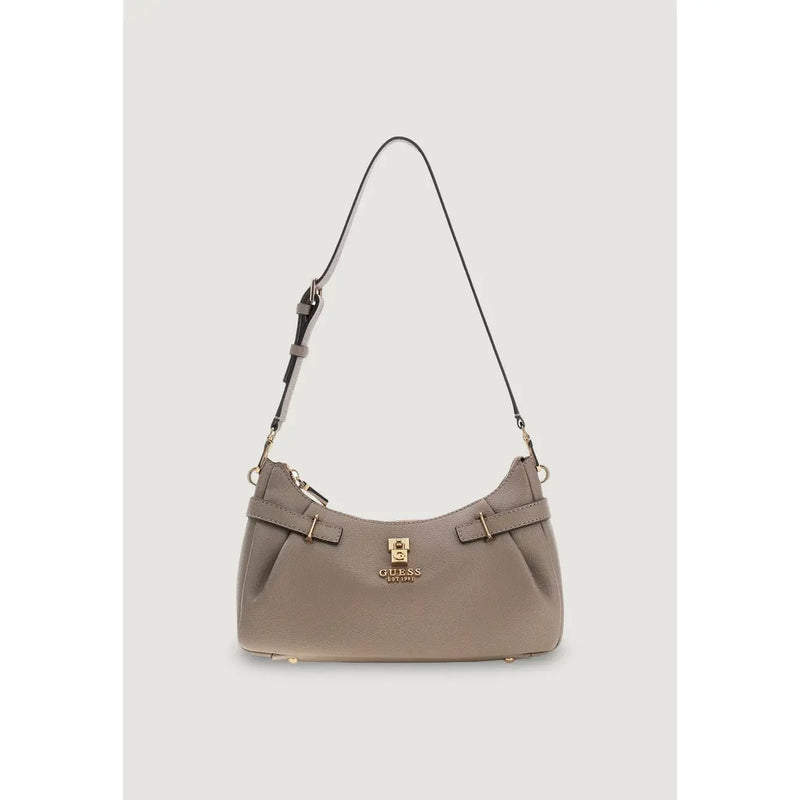 Taupe leather shoulder bag with gold-tone hardware and structured curved design from Guess with zip closure