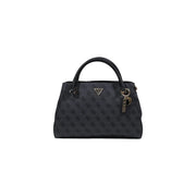 Black guess handbag with repeating monogram pattern and gold-tone hardware featured as grey print handbag with shoulder strap