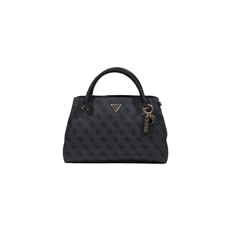 Black guess handbag with repeating monogram pattern and gold-tone hardware featured as grey print handbag with shoulder strap