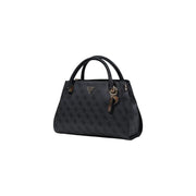Black guess handbag with embossed logo pattern gold-tone hardware and shoulder strap in grey print design