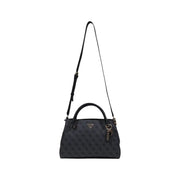 Black Guess handbag with subtle repeating logo pattern and matching shoulder strap for stylish everyday use