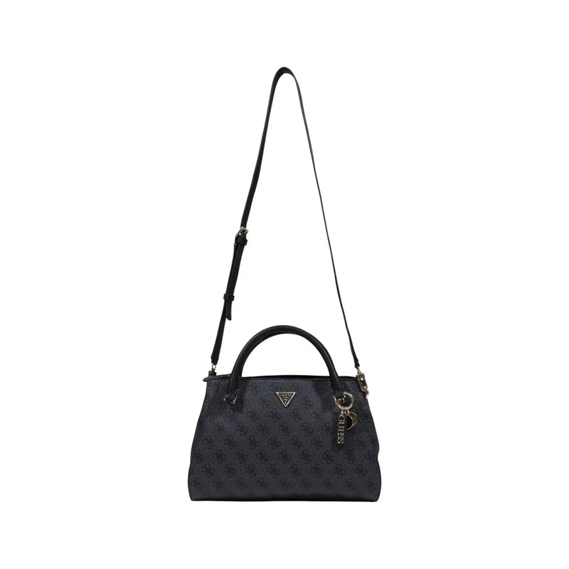 Black Guess handbag with subtle repeating logo pattern and matching shoulder strap for stylish everyday use