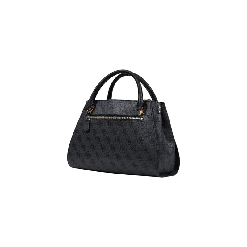 Black Guess handbag with subtle repeating logo pattern and gold-tone hardware featuring a shoulder strap