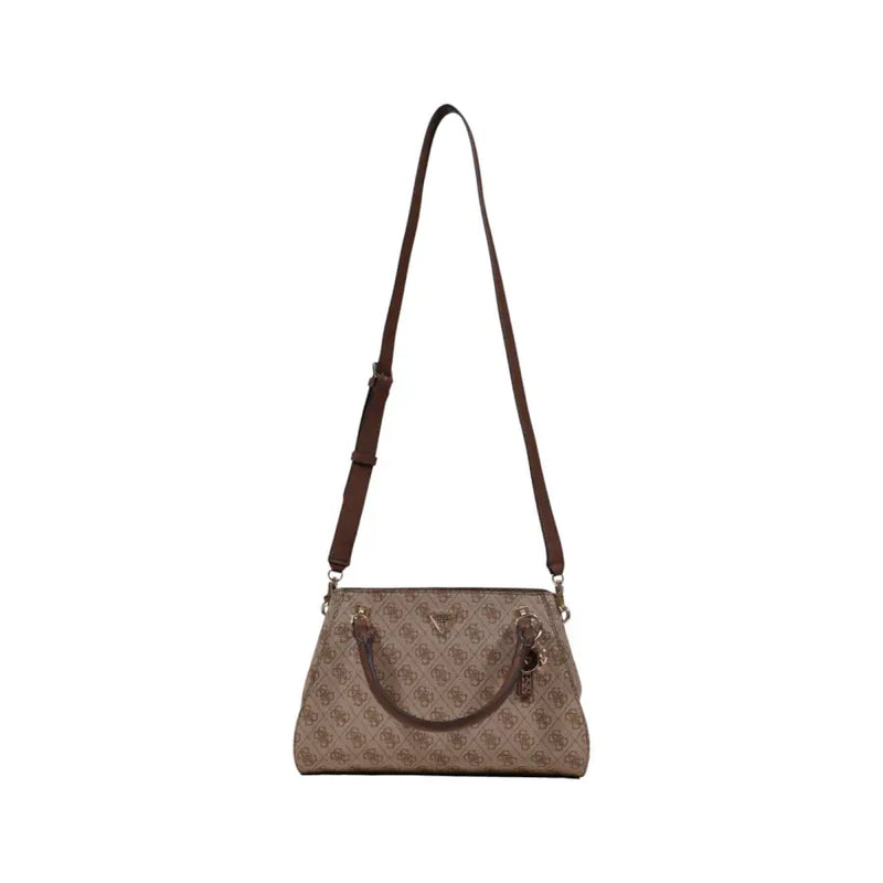 Guess Beige-braune Handtasche mit Print und sich wiederholendem Logo, Lederriemen