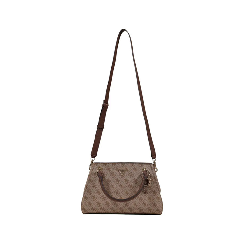 Guess beige and brown print handbag with repeating logo, leather strap