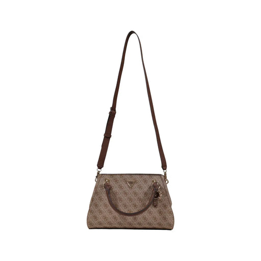 Guess beige and brown print handbag with repeating logo, leather strap