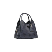 Dark gray Guess handbag with subtle floral pattern metallic hardware shoulder strap and zip pocket in grey print design