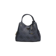 Dark gray Guess handbag with repeating logo pattern metallic hardware shoulder strap and zip pocket